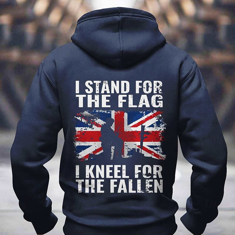 Men's Patriotic British Flag Hoodie | 'I Stand For The Flag I Kneel For The Fallen' Soldier Remembrance Graphic Hooded Sweatshirt3