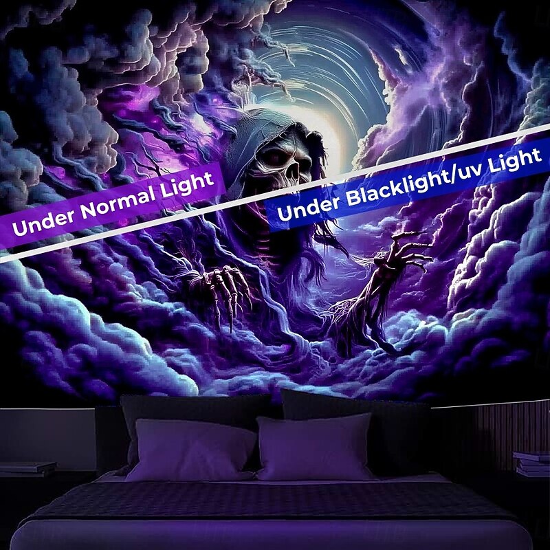 Halloween Blacklight Wall Tapestry – UV Reactive Grim Reaper with Glowing Purple Aura, Neon Colors Spooky Cemetery Scene, Glow in the Dark Gothic Backdrop for 2025 Halloween Party Decoration3