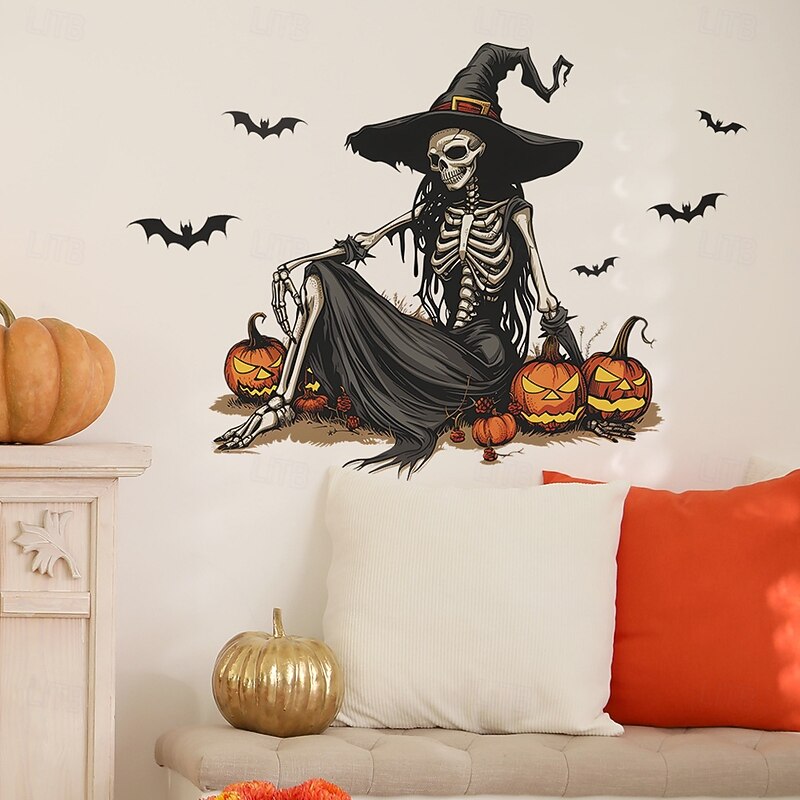 Halloween Witch Skeleton Pumpkin Bat Wall Decals, Self-Adhesive Halloween Stickers for Living Room Entryway Background Wall, Spooky Holiday Wall Decor for Home or Party2