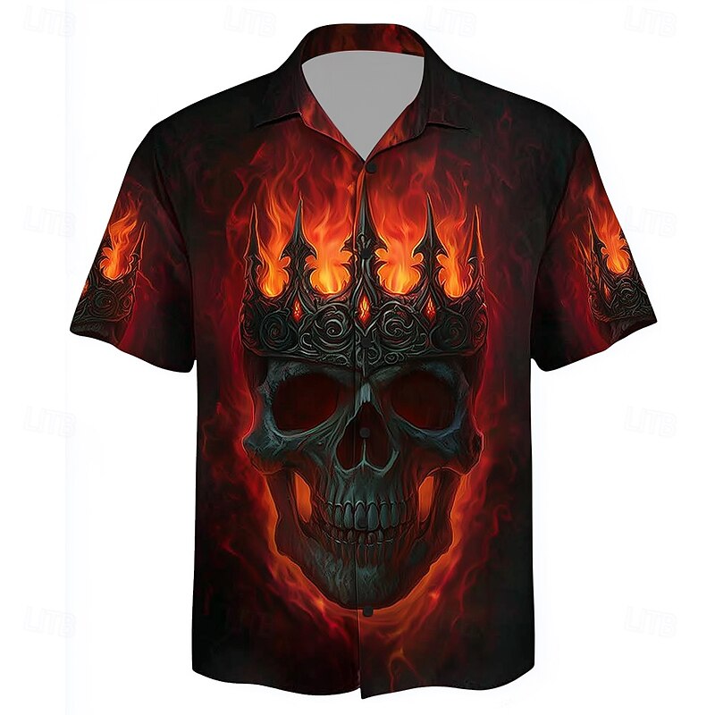 Men's Skull Devil Flame Shirt Cuban Collar Shirt Button Up Shirt Short Sleeve Dark Punk Gothic Style Holiday Streetwear Summer Camp Collar Shirt 3D Print Black 1 Black2