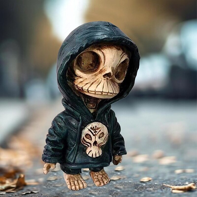 Halloween Hoodie Skeleton Figurine, Resin Skull Statue for Yard, Desktop or Table Decor, Creative Skeleton Ornament for Spooky Halloween Decoration3
