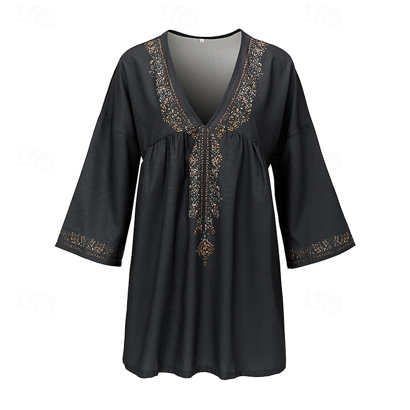 Women's Cotton Linen Shirts Western Blouse Plain Bohemia Vintage Boho Long Sleeve V Neck Long Tops Daily Holiday Patchwork Dark Gray Summer4