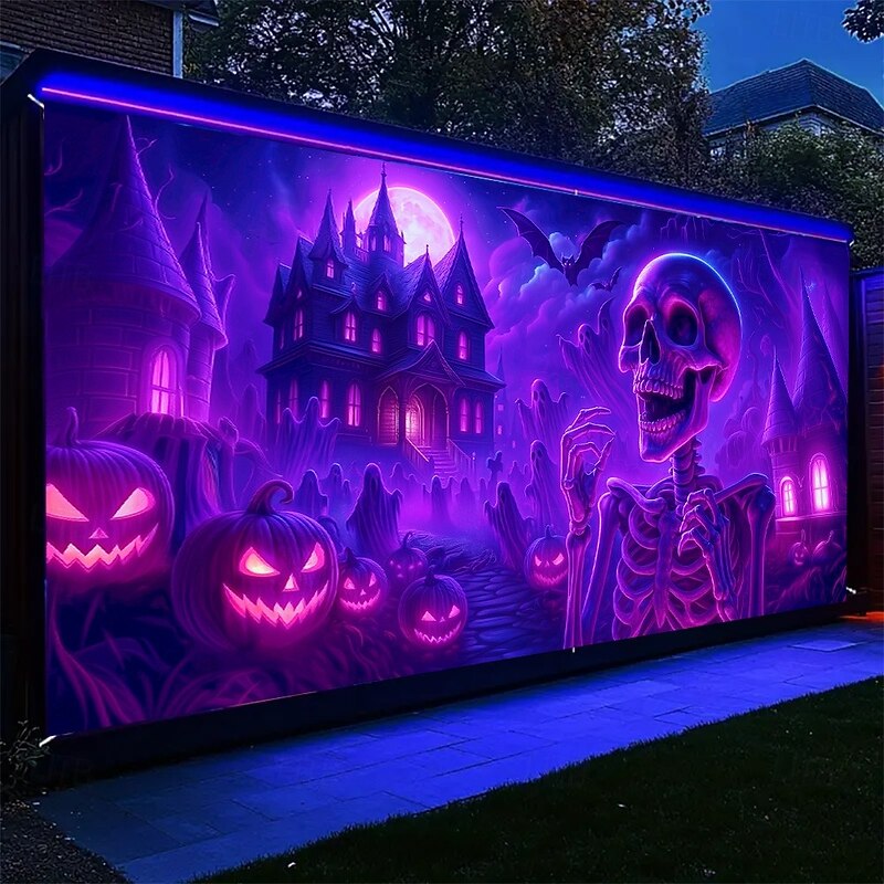 Halloween Garage Door Cover Neon Skeleton with Haunted House Banner, Glowing Blacklight Backdrop Decoration for Holiday Outdoor Garage Door and Home Wall, 2025 Halloween Decorations3