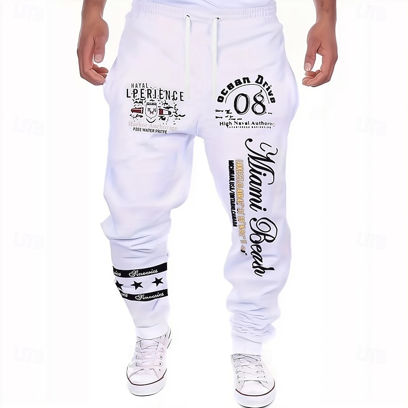 Men's Letter Print Sweatpants Joggers Trousers Mid Waist Drawstring Elastic Waist Casual Jogging Streetwear Workout Athletic Sweatpants with Pockets Spring Fall 3D Print Black White