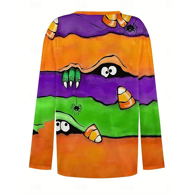 Halloween Women's T shirt Monster Long Sleeve V Neck Long Sleeve Tunic Graphic Elegant Vintage Stylish Regular Tops Daily Going out Weekend Print Orange Spring Fall Prefall2