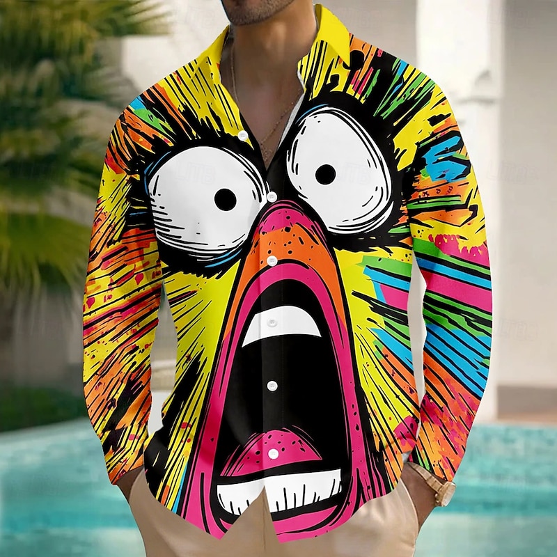 Men's Cartoon Funny Big Eyes Shirt Button Up Shirt Long Sleeve Fashion Casual Outdoor Daily Streetwear Spring Fall Turndown 3D Print Front One Pocket Linen Like Shirt Yellow