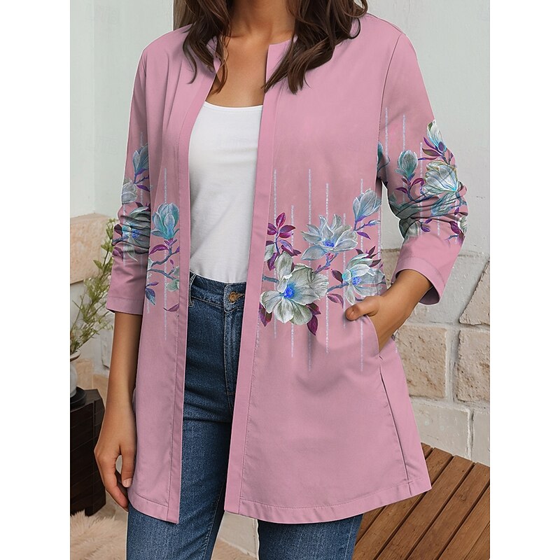 Women's Blazer Work Casual Spring Fall Winter Regular Coat Regular Fit Breathable Elegant Artistic Style Boho Vintage Jacket Long Sleeve Floral Pocket Print Dusty Rose Dusty Blue Green3