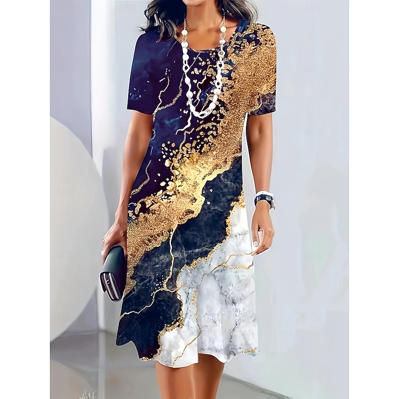Women's Midi Dress Print Dress Fashion Modern Daily Tea Party Going out Loose Fit Floral Abstract Short Sleeve Crew Neck Black Yellow Blue Dark Blue Summer Spring
