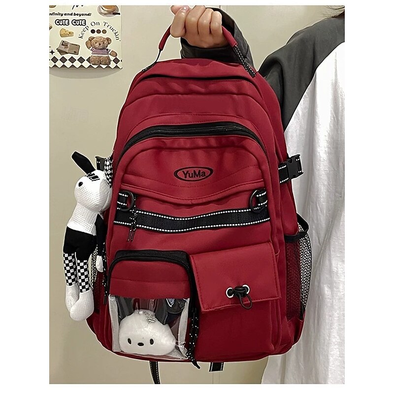 Teen Girls School Backpack with Plush Keychain – Large Capacity Casual Bookbag with Clear Pocket for Back to School