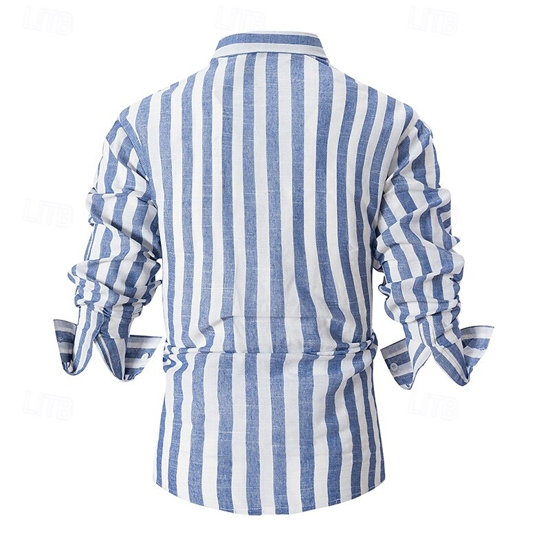 Men's Shirt Linen Shirt Summer Shirt Beach Wear Button Up Shirt Vertical Stripes Vacation Curise Black Pink Blue Gray Long Sleeve Turndown Summer Spring Clothing Apparel4