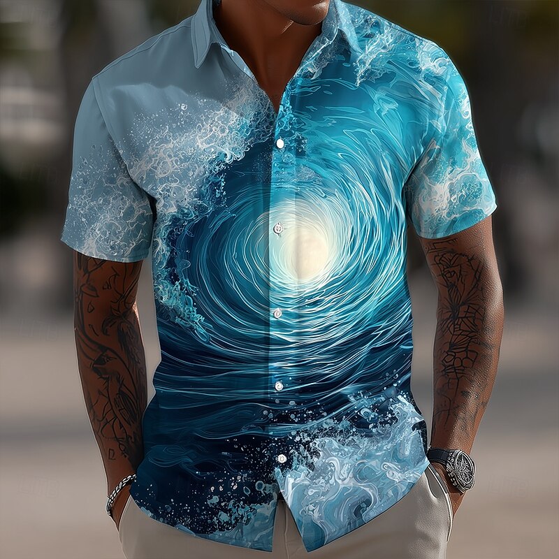 Men's Optical Illusion Ocean Waves Summer Hawaiian Shirt Button Up Shirt Aloha Shirt Short Sleeve Hawaiian Vacation Beach Wear Summer Spring Turndown 3D Print Collared Shirts Blue 2# Blue 1# Blue
