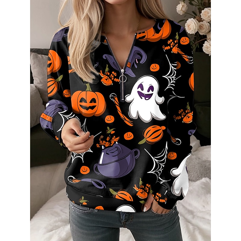 Halloween Women's Quarter Zipper Sweater Black Cat Graphic Pumpkin Casual Long Sleeve Crew Neck Regular Tops Street Dailywear Half Print Black Yellow Orange Fall Winter4