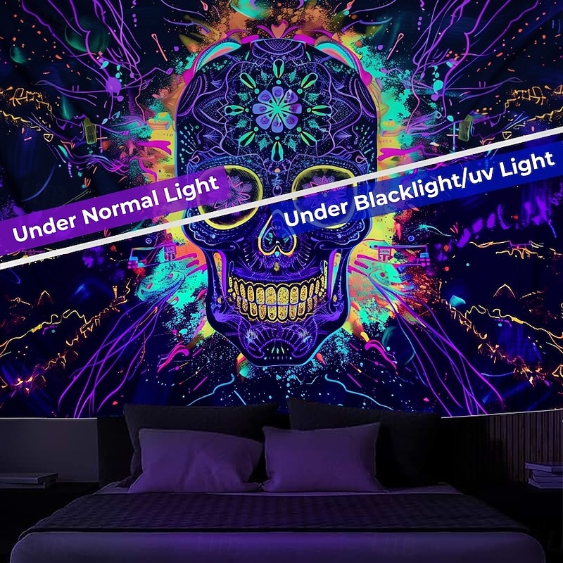 Halloween Blacklight Wall Tapestry – UV Reactive Día de los Muertos Sugar Skulls, Neon Colors Mexican Day of the Dead Theme, Glow in the Dark Wall Hanging for 2025 Halloween Decoration2