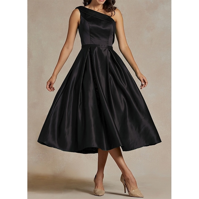 Black A-Line Cocktail Dresses Elegant Dress Formal Wedding Tea Length Midi Length Sleeveless One Shoulder Stretch Satin with Pleats