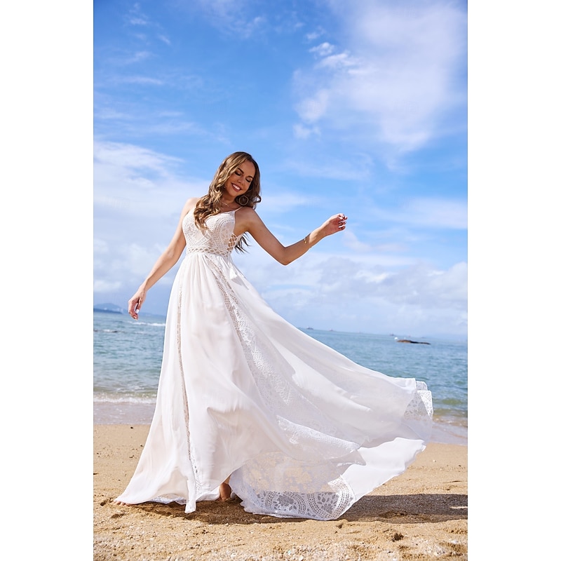 Beach Open Back Boho Wedding Dresses A-Line V Neck Spaghetti Strap Sleeveless Sweep / Brush Train Chiffon Bridal Gowns With Tassel4