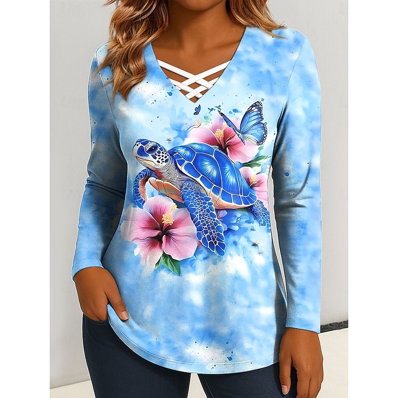 Women's T Shirt Graphic Animal Sea Turtle Vintage Stylish Classic Long Sleeve V Neck Regular Tops Daily Cut Out Print Red Blue Fuchsia Green Spring Fall