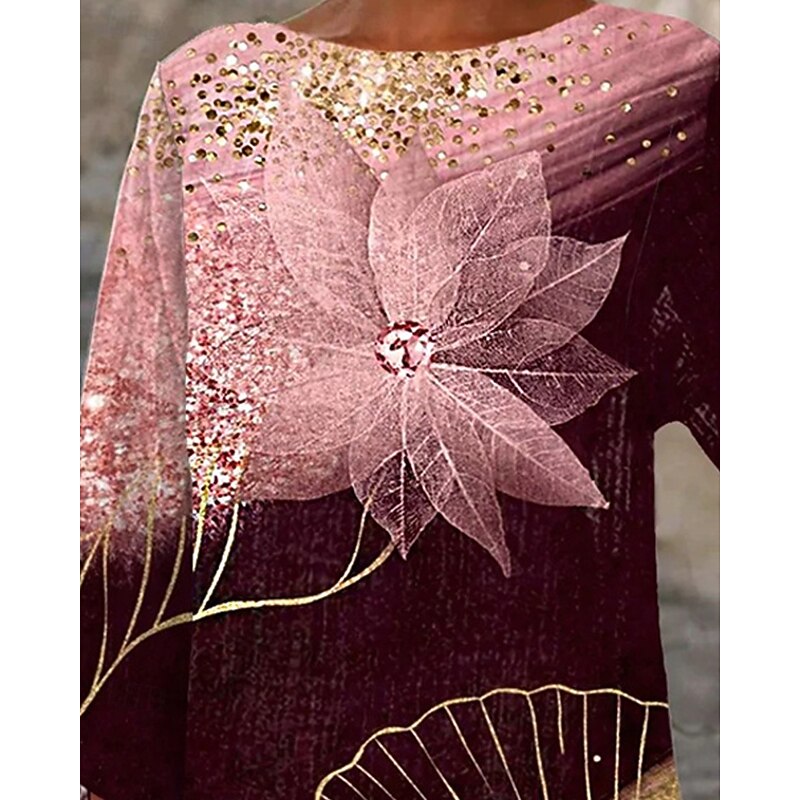 Women's T Shirt Tee Top Floral Fashion Modern Long Sleeve Crew Neck Regular Tops Daily Print Asymmetrical Pink Spring Fall2