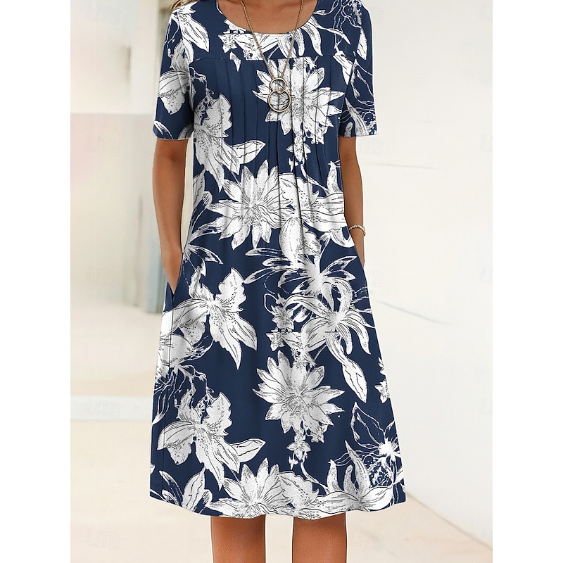 Women's Midi Dress Shift Dress Summer Dress Vacation Casual Daily Regular Fit Floral Graphic Half Sleeve Crew Neck Red Blue Dark Blue Summer Spring3