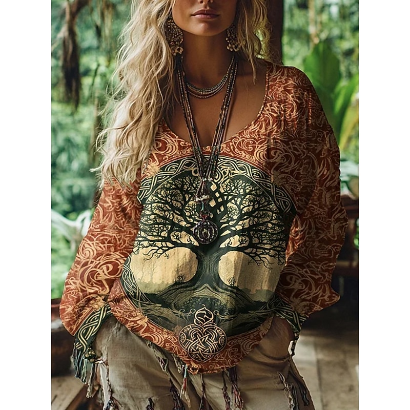 Women's Blouse Graphic Vintage Daily Casual  Long Sleeve V Neck Regular Tops Tribal Tree Of Life Vintage Designer Basic Print Vacation Street Going out Daily Holiday Print Wine Summer Spring Fall