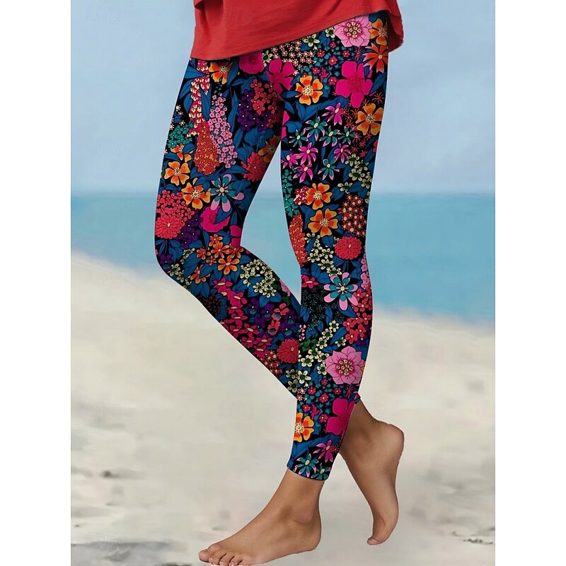 Women's Pants Trousers Leggings Cozy Leggings Streetwear Casual Full Length High Waist Floral Elastic Waist Print Breathability Comfortable Stretchy Vacation Street Daily Wear Navy Blue Summer Spring