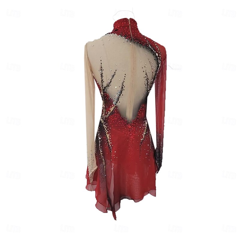 Figure Skating Dress Women's Girls' Ice Skating Dress Black+Red Thumbhole Halo Dyeing High Elasticity Professional Competition Skating Wear Thermal Warm Crystal / Rhinestone Long Sleeve Ice Skating2