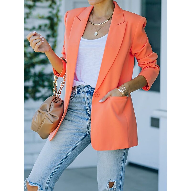 Women's Blazer Comfortable Breathable Pocket Fashion Modern Plain Work Daily Regular Turndown Regular Fit Long Sleeve Outerwear Pink Orange Green Spring Fall4