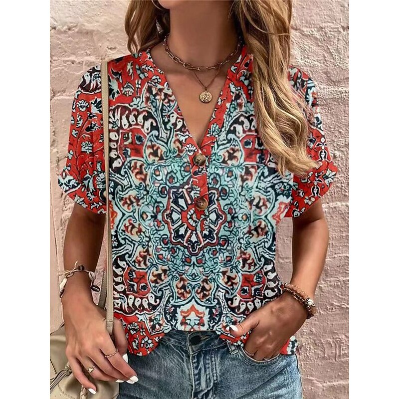 Women's Blouse V Neck Floral Graphic Vintage Stylish Casual Short Sleeve Regular Tops Daily Buttons Print Red Blue Green Red and Pink Red / Blue Summer Spring - Main Image