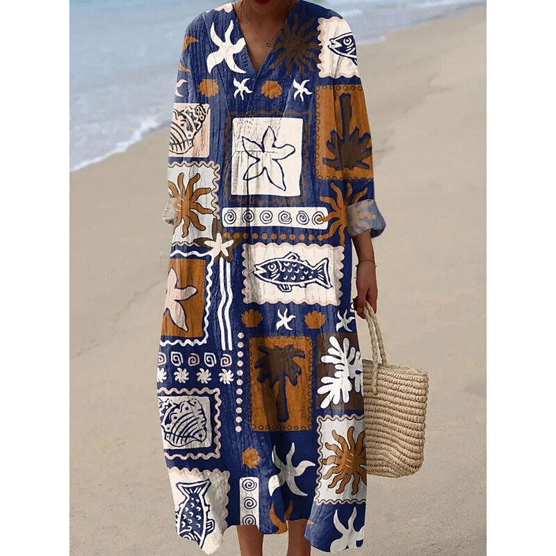 Women's Midi Dress V Neck Long Sleeve Kaftan Lightweight Loose Fit A Line Dress Casual Boho Party Loose Fit Graphic Geometric Abstract Long Sleeve V Neck White Pink Blue Brown Fall2