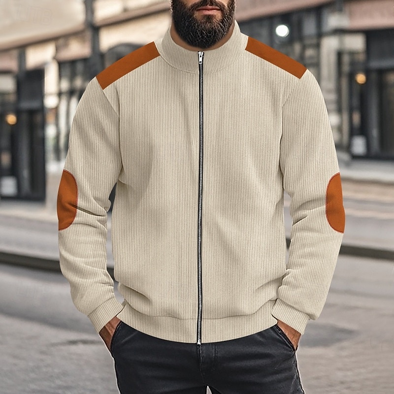 Men's Sweatshirt Corduroy Full Zip Sweatshirt Apricot Black White Navy Blue Coffee Standing Collar Plain Patchwork Color Block Sports & Outdoor Casual Daily Streetwear Cool Sportswear Spring &  Fall