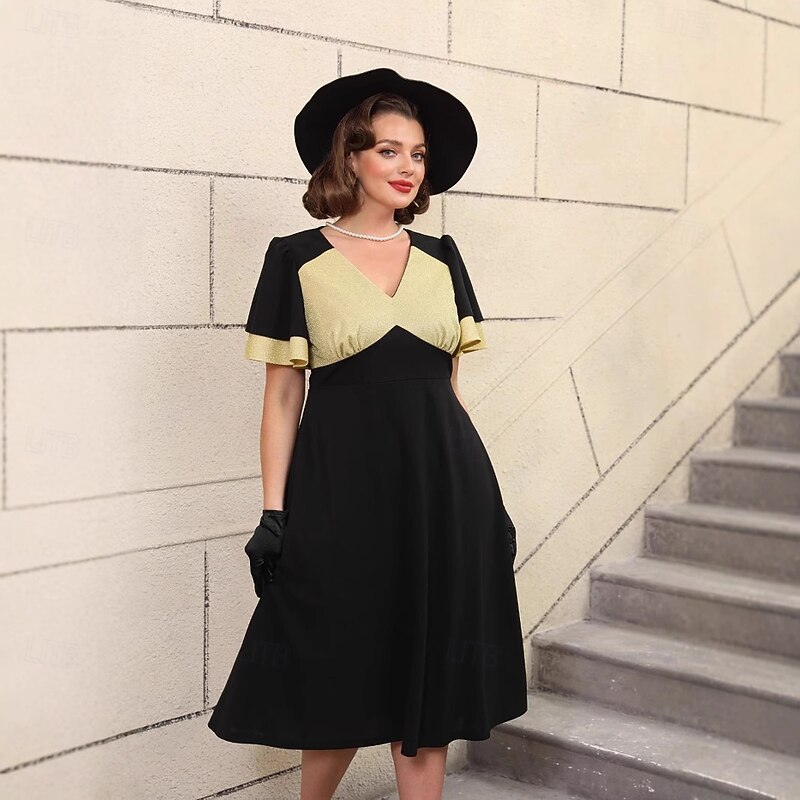 Retro Vintage 1950s Rockabilly Midi Cocktail Dress A Line Dress Flare Dress Plus Size A-Line V Neck Fancy Dress Women's Vacation Homecoming Party & Evening Adults Dress Spring & Summer3