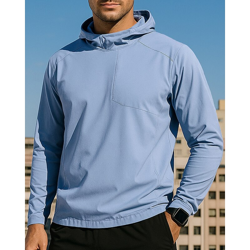 Men's Hoodie Sweatshirt Running Top Pocket Long Sleeve Top Athleisure Fall Solid Colored Sun Protection Windproof Gym Outdoor Running Sportswear Activewear Black Blue Khaki3