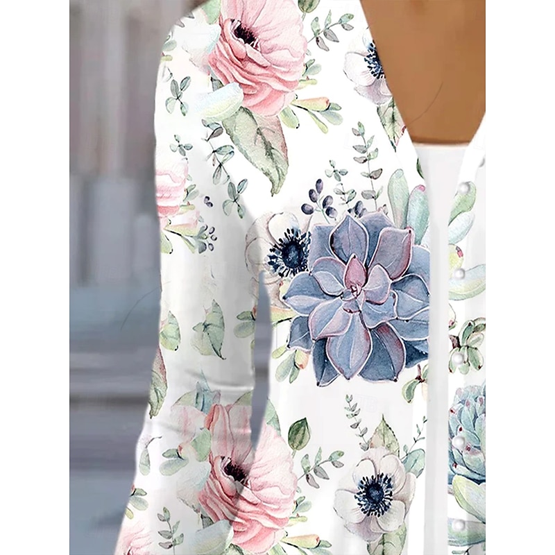 Women's Shirt Floral Graphic Elegant Vintage Daily 3/4 Length Sleeve V Neck Regular Tops Daily Going out Ruffle Buttons White Pink Blue Summer Spring Fall2