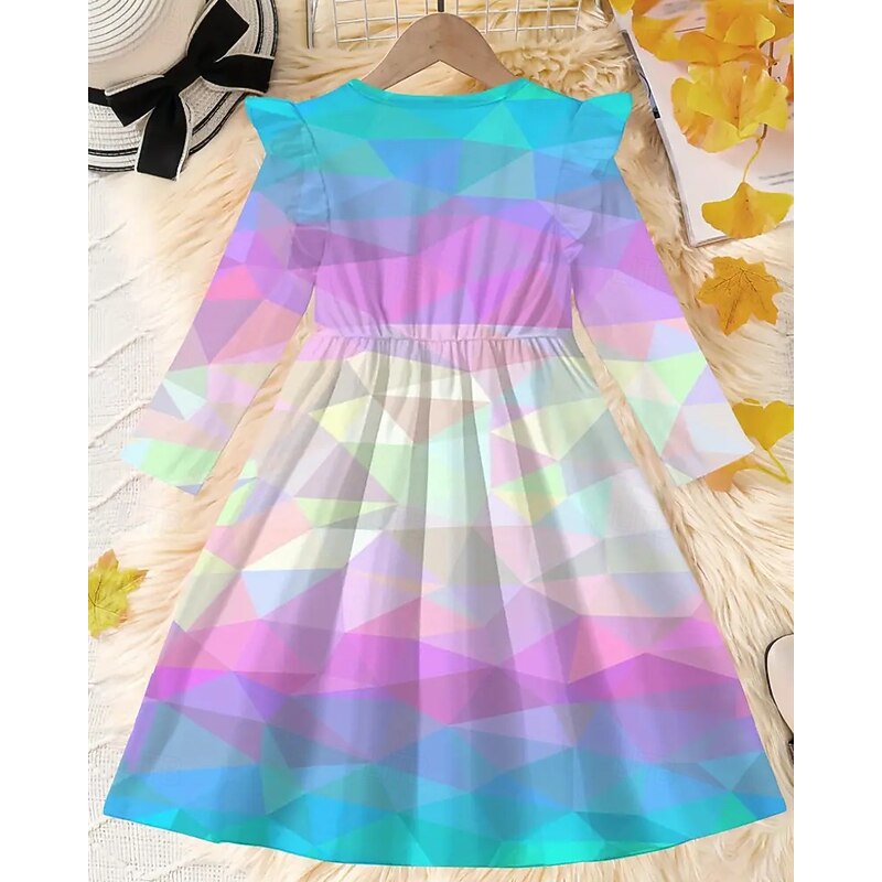 Girls' 3D Geometric Dress Ruffle Dress Long Sleeve Summer Spring Vacation Daily Holiday Princess Beautiful Sweet Kids 4-12 Years Casual Dress A Line Dress Knee-length Regular Fit4