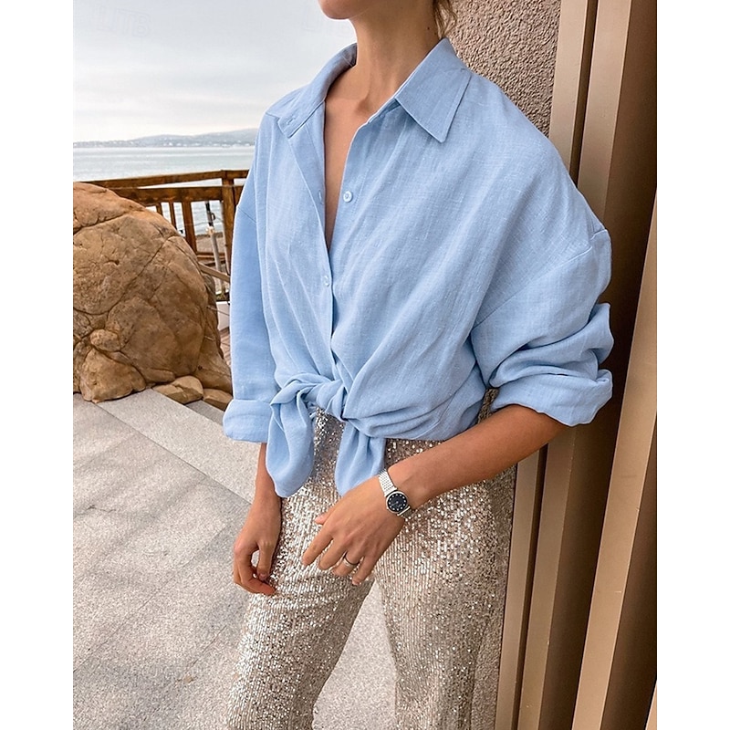 Women's Shirt Linen Shirt Plain Daily Stylish Basic Long Sleeve Shirt Collar Regular Tops Work Daily Holiday Buttons White Pink Blue Spring Fall3