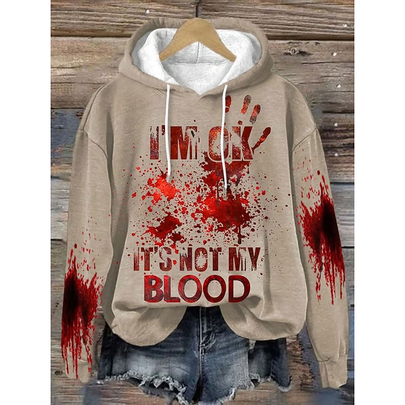 Halloween Women's Hoodie Pullover Sweatshirt Oversized Long Sleeve Casual Bloodstain Graphic Abstract Fashion Print Hooded Street Dailywear Drawstring Print Black White Pink Blue Khaki Fall Winter