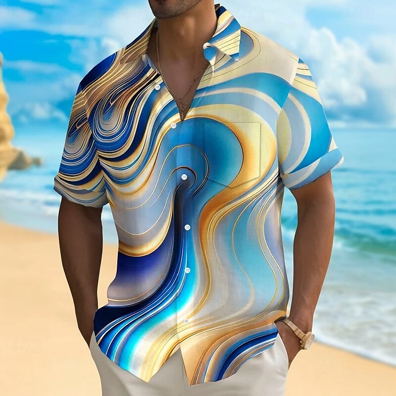Men's Gradient Waves Marble Shirt Summer Shirt Button Up Shirt Short Sleeve Fashion Casual Outdoor Vacation Dailywear Summer Spring Turndown 3D Print Collared Shirts Front One Pocket Black Brown4