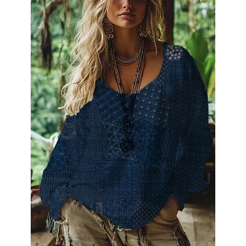 Women's Blouse Floral Vintage Daily Casual Long Sleeve V Neck Regular Tops Daily Holiday Print Black Navy Blue Summer Spring Fall3