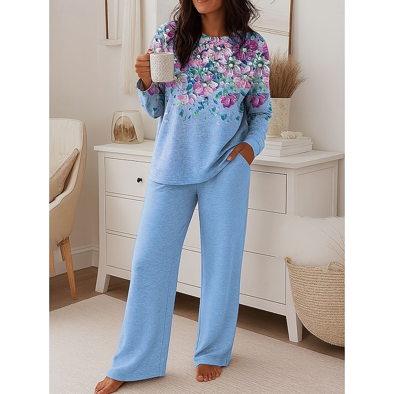 Women's Fashion T Shirt Pants Sets Long Sleeve Round Neck Floral Graphic Print Casual Daily Pink Blue Green Spring Regular Fit