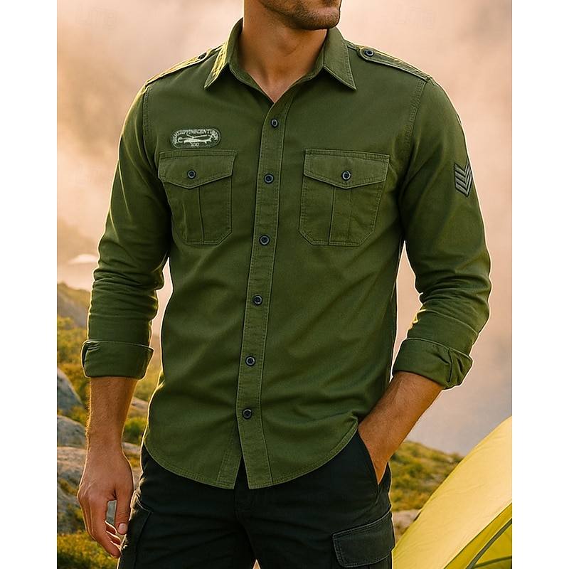 Men's Cargo Shirt Long Sleeve Turndown Top Outdoor Breathable Cotton Black Green Tennis Golf Running4