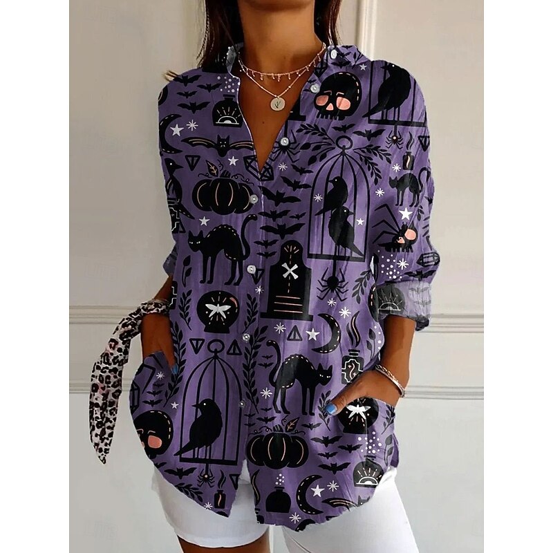 Halloween Women's Shirt Button Down Tunic Shirt Collar Long Sleeve Bat Graphic Skull Elegant Vintage Tropical Regular Tops Work Daily s Print Black White Purple Spring