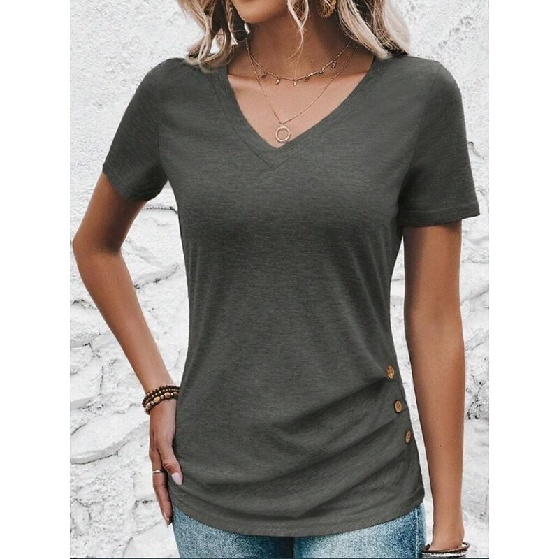 Women's Summer Tops Solid Color Stylish Casual Short Sleeve V Neck Regular Tops Daily Buttons Army Green Red Purple Fuchsia Gray Summer Spring