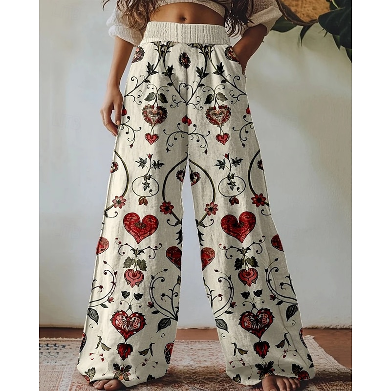 Women's Wide Leg Pants Trousers Palazzo Pants Vintage Boho Full Length High Waist Heart Elastic Waist Printing Breathability Comfortable Street Daily Wear Going out Red Spring Fall Regular Fit