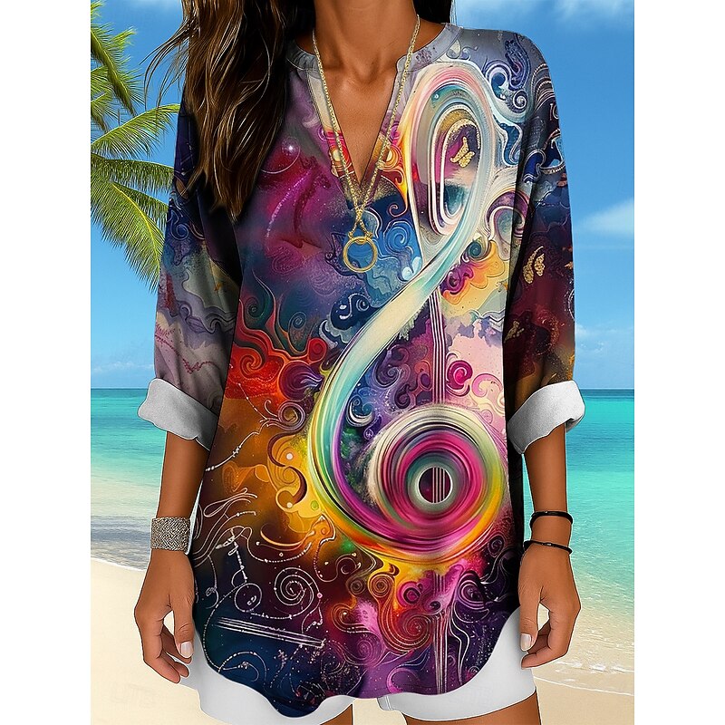 Music Festival Women's Blouse Long Sleeve Tunic Ombre Graphic Geometric Elegant Vintage Tropical Long Sleeve V Neck Regular Tops Daily Holiday Print White Red Rainbow Summer Spring