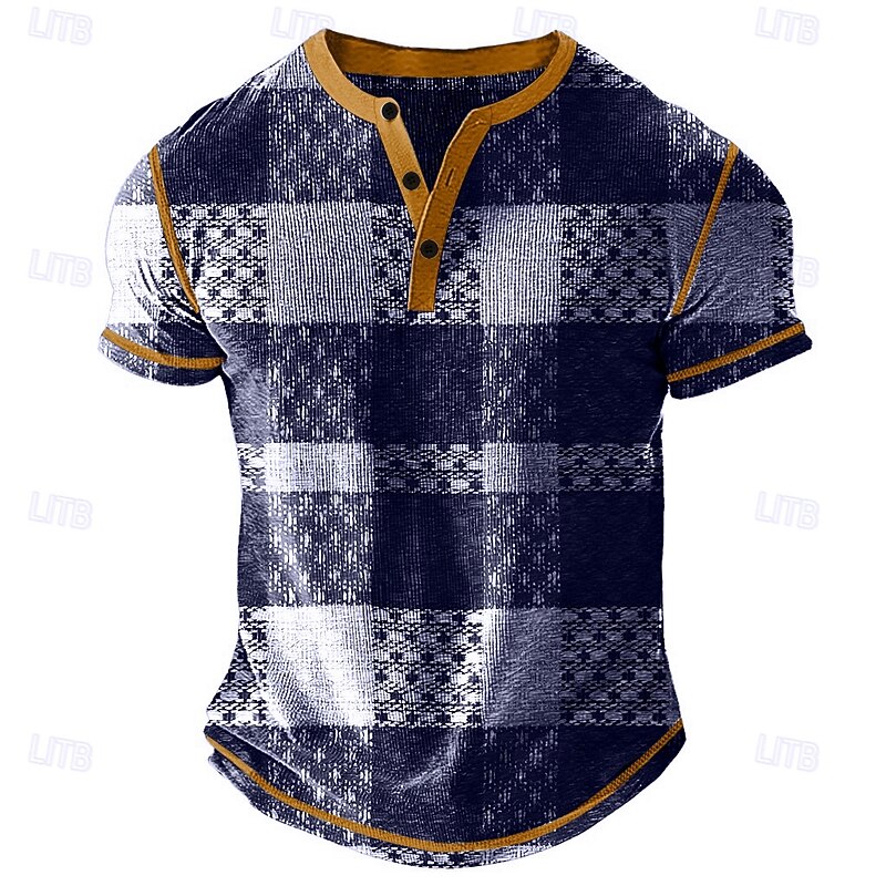 Men's Graphic Plaid Henley Shirt Waffle T Shirt Short Sleeve Daily Retro Vintage Classic Sports Outdoor Casual Holiday Spring & Summer All Seasons Dark Grey Light Blue Navy Blue Henley Henley T-Shirt4