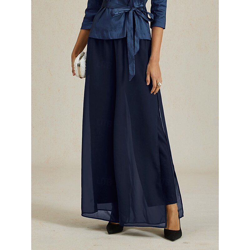 Women's Culottes Wide Leg Straight-Leg Trousers Elegant Stylish Classic Style Full Length Medium Waist Solid Color Elastic Waist Stretchy Wedding Vacation Party Navy Blue Spring, Fall, Winter, Summer2