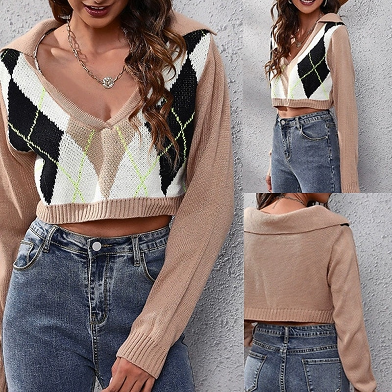 Women's Pullover Casual Argyle Chunky Shirt Collar Knitted Long Sleeve Crop Tops Knit Daily Holiday Going out Camel Fall Winter