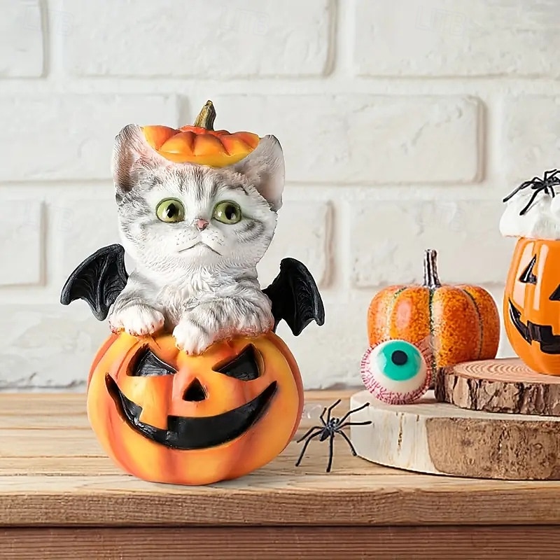 Halloween Pumpkin Bat Cat Resin Statue, Spooky Black Cat Figurine for Halloween Table Decor, Cute Gothic Halloween Sculpture for Home or Party Decoration