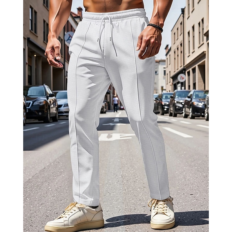 Men's Sweatpants Trousers Pleated Pants Waffle Pants Pocket Elastic Waist Drawstring Plain Comfort Sports Outdoor Daily Fashion Casual Black White Micro-elastic