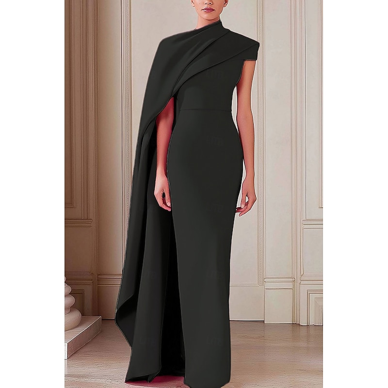 Cape Dress Mermaid / Trumpet Evening Gown Mock Neck Elegant Gown Formal Wedding Floor Length Short Sleeve  Stretch Crepe with Pleats4