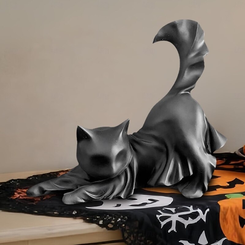 Halloween Black Cat Sculpture Ghost Black Cat Halloween Ornament Cute Resin Spooky Cats for Indoor/Outdoor Halloween Party Decoration Perfect Halloween Gift for Cat Lovers2